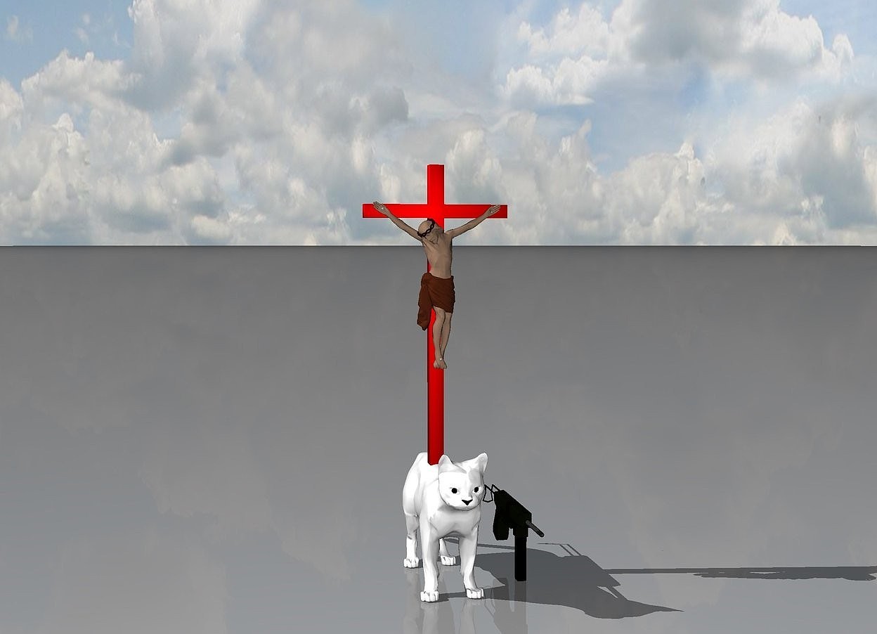 Input text: small red jesus on big white cat with gun