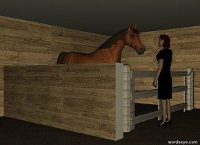 The horse is facing the woman.
The woman is facing the horse.
The woman is 1 feet in front of the horse.
The first [image-8605] wall is 2 feet behind the horse.
The second [image-8605] wall is 8 feet to the right of the horse. The second wall is facing right.

The [metal] swinging gate is in front of the horse.
The swinging gate is 4 feet tall.
The swinging gate is -5 feet to the right of the horse.

The third [image-8605] wall is 3 feet to the left of the horse.
The third wall is facing right.
The third wall is 4 feet tall.
The third wall is -19 feet in front of the horse.

The fourth wall is 6 feet above the horse.
The fourth wall is leaning 90 degrees to the front.
The fourth wall is enormous.

The ground is dirt.
It is noon. The ambient-light is black.
The camera-light is primrose yellow.