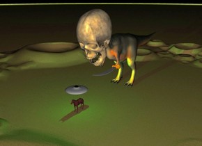 The big brown horse on the ground. 
Ground is unreflective sand. It is midnight.
ufo 5 feet above the horse. 
Green light 4 feet above the horse. Green light facing on horse.
The huge dinosaur 10 feet behind the horse. 40 feet tall sword is -38 feet in front of the dinosaur. Sword is facing up.
Sword is 28 feet above the ground and -28.5 feet to the left of dinosaur.
50 feet tall skull is -38 feet in front of the dinosaur. Skull is 32 feet above the ground. Skull is  leaning forward. 