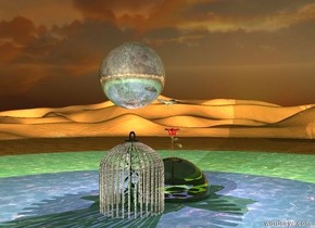 Clear sphere is 8 feet wide. shiny rose fits in the sphere. the sphere is in the lake. The sphere is in the lake. a cage is near the sphere. Cage is 11 feet tall. Lily fits in the cage. Cage is made from glass. It is dawn. Pink light is on the lily. Violet light is on the rose. The moon is 2 feet above the cage. The moon is 6 feet wide. Shiny butterfly is in front of the moon. Butterfly is 3 feet wide. Butterfly is facing the cage.  Yellow light is on the moon. Moon is shiny. Butterfly is dark
