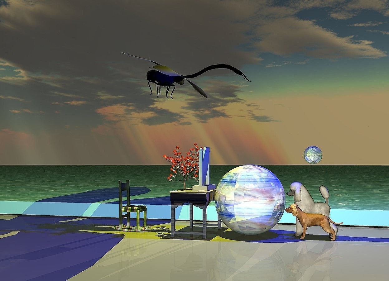 Input text: It is sunset. The plant is on the table. A Chair is two feet in front of the table. The chair faces the table. A giant glass sphere is behind the table. The ocean is on the floor. The [castle] image is on the table. The [sky] image is on the chair. two dogs sit behind the glass sphere. A ten foot long dragonfly is three feet above the table. a yellow light is one foot above the dragonfly. A glass sphere is one foot above the dogs. a blue light is five feet above the dogs.