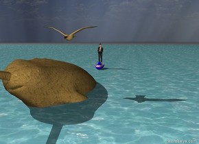 there is a huge sand whale in the ocean. there is a boat on the ocean. the boat is 3 feet behind the whale. there is a woman on the boat. there is a huge seagull above the whale