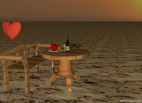 It is sunset.
the ground is sand.
the table on ground. the table is wood.
the candle on the table.
the bottle  on the table.
two glasses on the table in front of bottle.
a plate on the table.  
 apple on the plate. orange on the plate.
the bench on the left of the table. it is wood. the  bench is facing the table.
 large heart on the right of the bench. it is behind the table.
it is 1 feet to the left.
