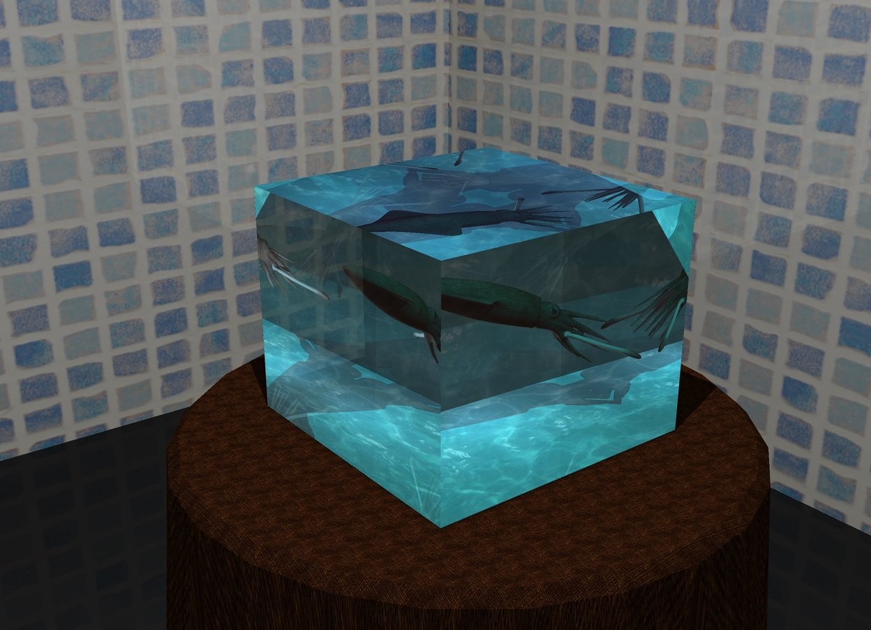 Input text: The squid leans forward.

The clear cube is 8 feet tall.  It is 10 feet deep.  It is 10 feet wide.  It is -7 feet above the squid.

The water rectangle is 10 feet wide.  It is 10 feet deep.  It is -8 feet above the cube.

The 1st shiny water wall is right of the cube.  It faces the cube.  It is 8 feet tall.  It is 10 feet wide.  It is 0.01 feet deep.

The 2nd shiny water wall is in front of the cube.  It faces the cube.  It is 8 feet tall.  It is 10 feet wide. It is 0.01 feet deep.

The sky blue light is right of the squid. The teal light is 0.25 foot above the squid.  it is left of the squid.

The squid is 1.75 feet above the very giant table. The table is [cloth].

The ground is dull dark gray.

The first dull [stone] wall is 40 feet right of the table.  It faces left.  It is 40 feet tall.  It is 80 feet wide.  The second dull [stone] wall is in front and left of the first dull [stone] wall.  It is 80 feet wide.  It is 40 feet tall. It faces front.  

The camera light is black.  The sun is black. The gray light is 30 feet above the cube.  It is 5 feet behind the cube.  It is 5 feet left of the cube.