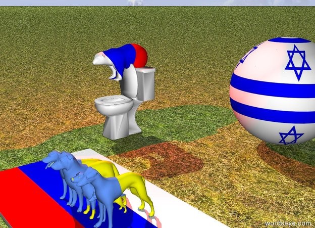 Input text: the ground is grass.
five small ukrainian dogs on russian carpet.
the very large sphere is 5 feet behind dogs.
the sphere is israel.
the white toilet on ground.

the small russian bear is 5 inches in the toilet.
the red light is above the bear.