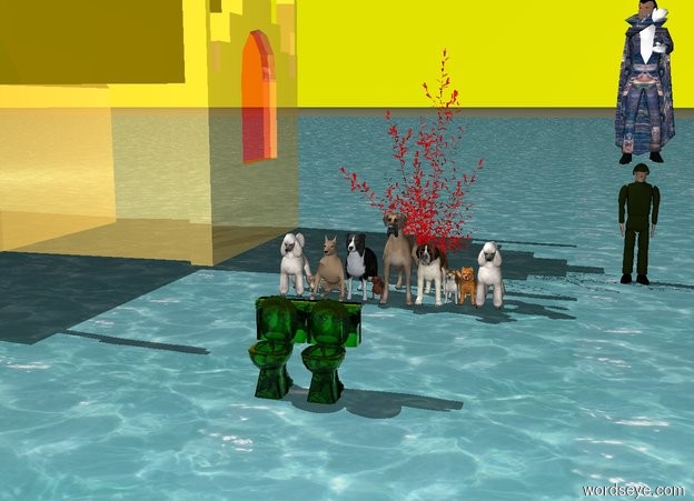 Input text: Ten dogs are over a ocean.
A red tree is behind the dogs.
Sky is yellow and a small shiny church is 8 feet on the left of the tree.
Raphael is 7 feet on the right of the tree.
A marble vampire is above Raphael.
There is  a couple of green transparent toilets 3 meters in front of the dogs.
