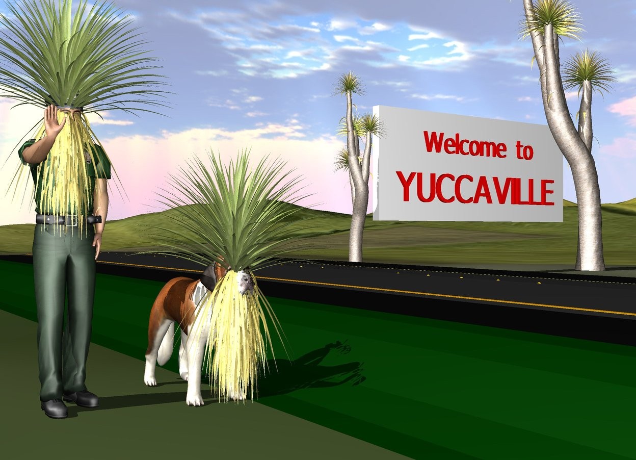 Input text: the yucca is 3 feet in the green man. it is -3.7 feet in front of the man. the dog is one foot to the right of the man. another yucca is -2.7 feet in front of the dog. the ground is grass. the road is to the right of the dog. it is 100 feet long. the wall is to the right of the road. it is 25 feet behind the dog. it is 4 feet above the ground. a large yucca is to the left of the wall. it is on the ground. The red "Welcome to" is in front of the wall. it is 9 feet above the ground. the red "YUCCAVILLE" is 1.5 feet below the "Welcome to". it is 17 feet wide. another very large yucca is -6 feet to the right of the wall. it is on the ground. it is facing left.