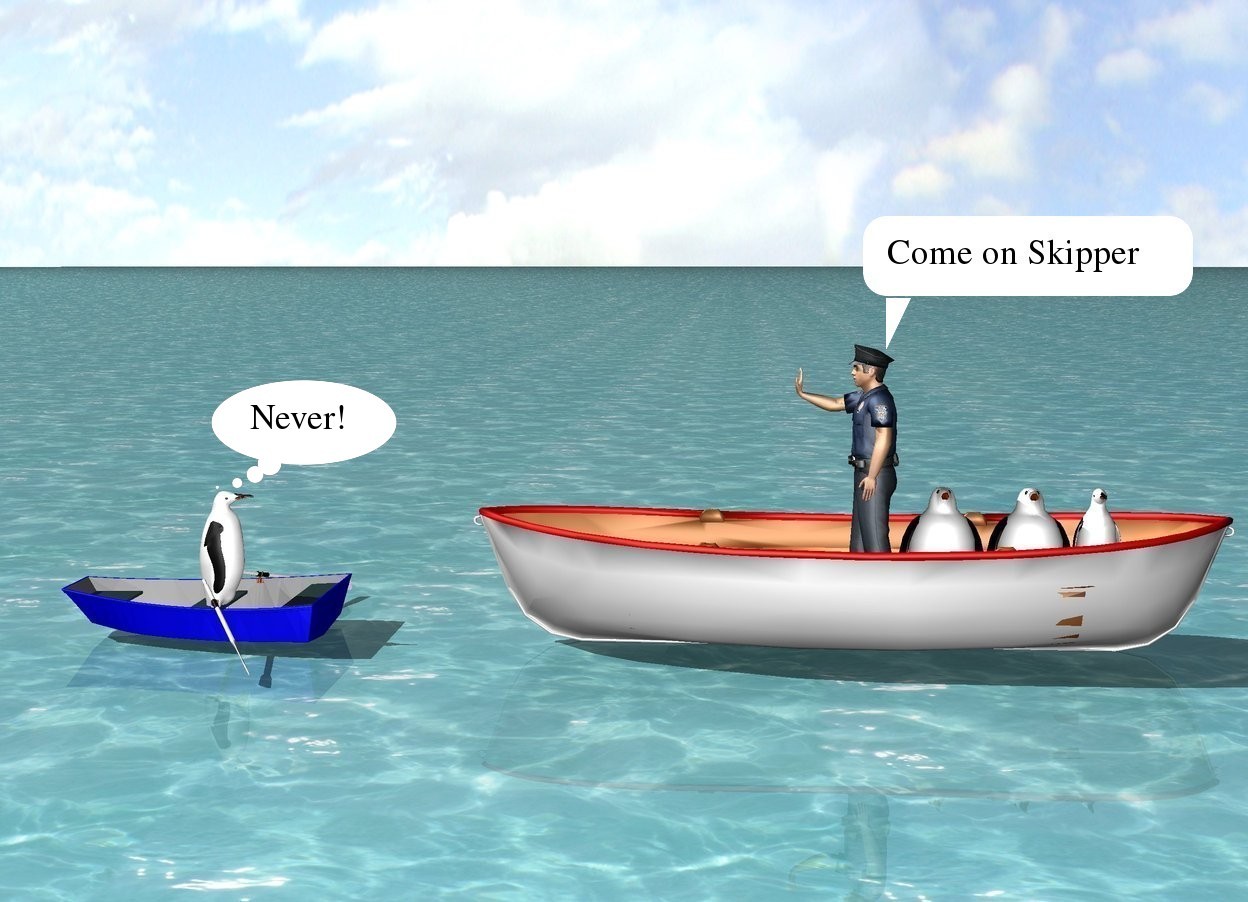 Input text: There is a large boat on the ground. 
The ground is water. A man is inside the boat. A penguin is on the right side of the man. A penguin is on the right side of the penguin. A penguin is on the right side of the penguin. The boat is facing west.
There is a boat 10 feet west from the man. The boat is facing east. the boat is on the ground. There is a penguin inside the boat. 



