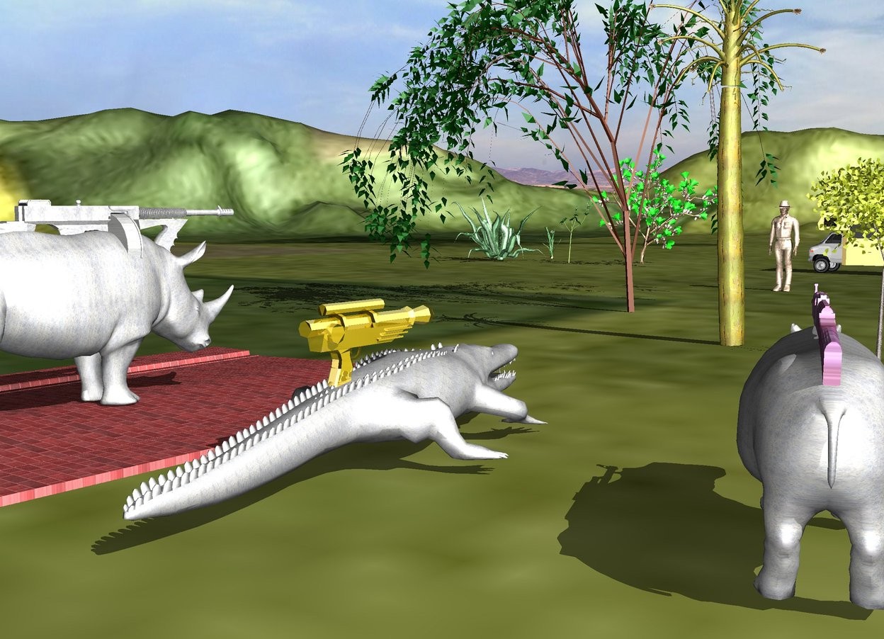 Input text: the [metal] rhino is on the red brick road. A very large [metal] gun is 1.5 feet in the rhino. the four small trees are 10 feet in front of the road.the ground is grass. the dirt man is 2 feet in front of the trees. he is facing the back. 

the [metal] crocodile is 4 feet to the left of the rhino. it is facing the man. A large metal gun is 8 inches in the crocodile. 

the [metal] hippo is 2.5 feet to the left of the crocodile. it is facing the man. the large texture gun is in the hippo. it is facing the man.

the small vehicle is 20 feet in front of the man. it is facing right. the 4 huge green plants are 10 feet to the right of the vehicle.
