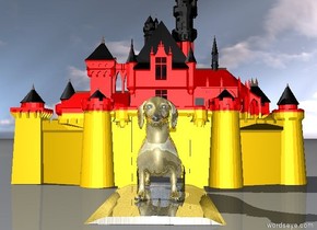 the gigantic golden dog is on the  golden brick road in front of the german castle