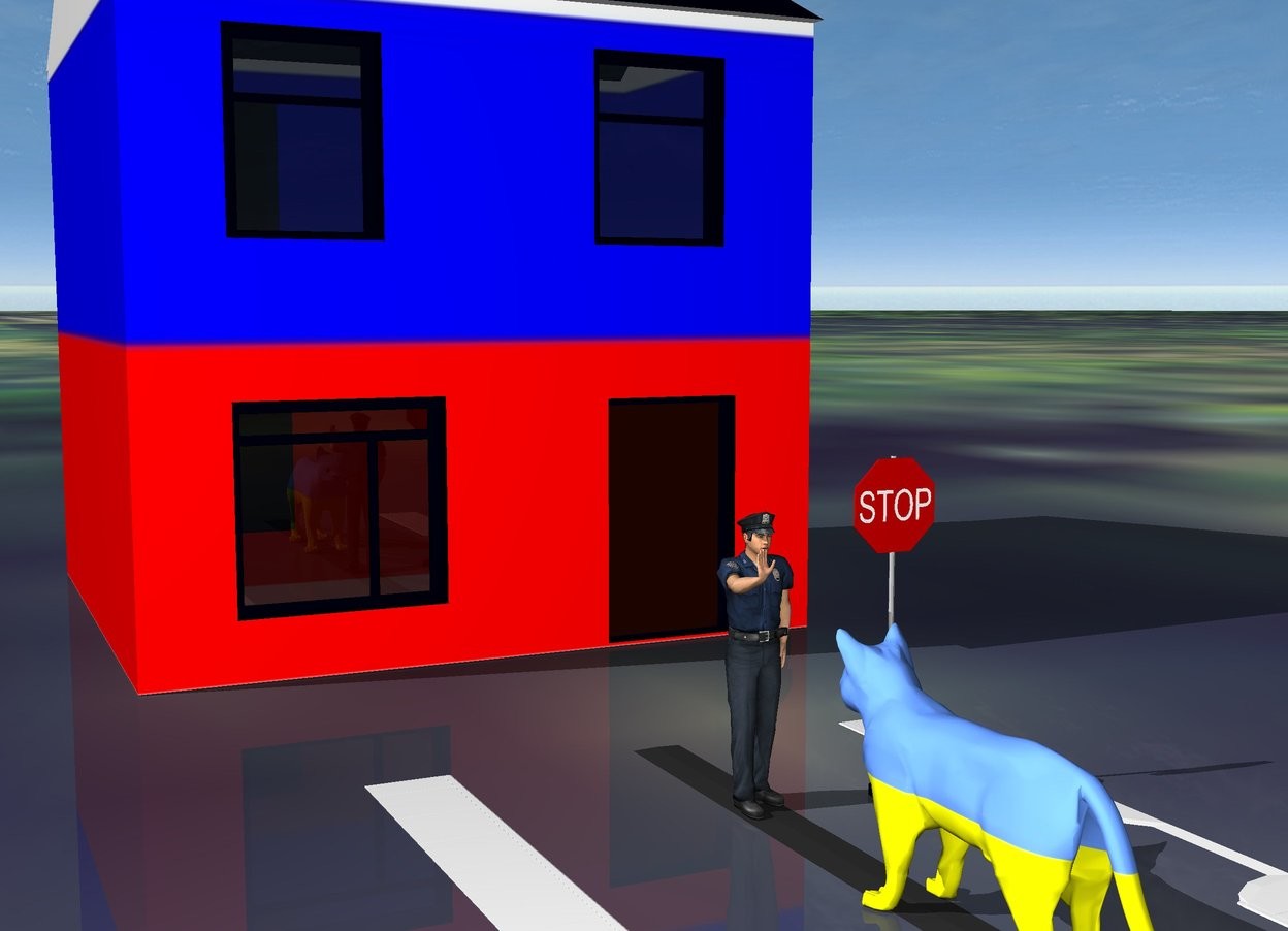 Input text: The stop sign is 1 feet right of a policeman.
The huge cat is 2 feet in front of policeman.
Cat facing north.
the house is 1/400
mile behind the policeman.
the house is [russia].
The ground is [valley].
Road is under the cat and the policeman.
The cat is [ukraine]