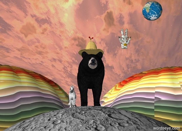 Input text: There is a black bear.  The black bear is on the humongous moon.  There is a cowboy hat on the black bear. There is a small Earth 3 feet above the black bear.  The Earth is 3 feet to the right of the black bear. There is a tiny  unicorn next to the black bear.  There are 2 rainbow hot air balloons under the earth and behind the black bear. The tiny astronaut is 1 foot to the right of the black bear and 1 foot beneath the earth. The astronaut is upside down. There is a flower on and inside the cowboy hat.