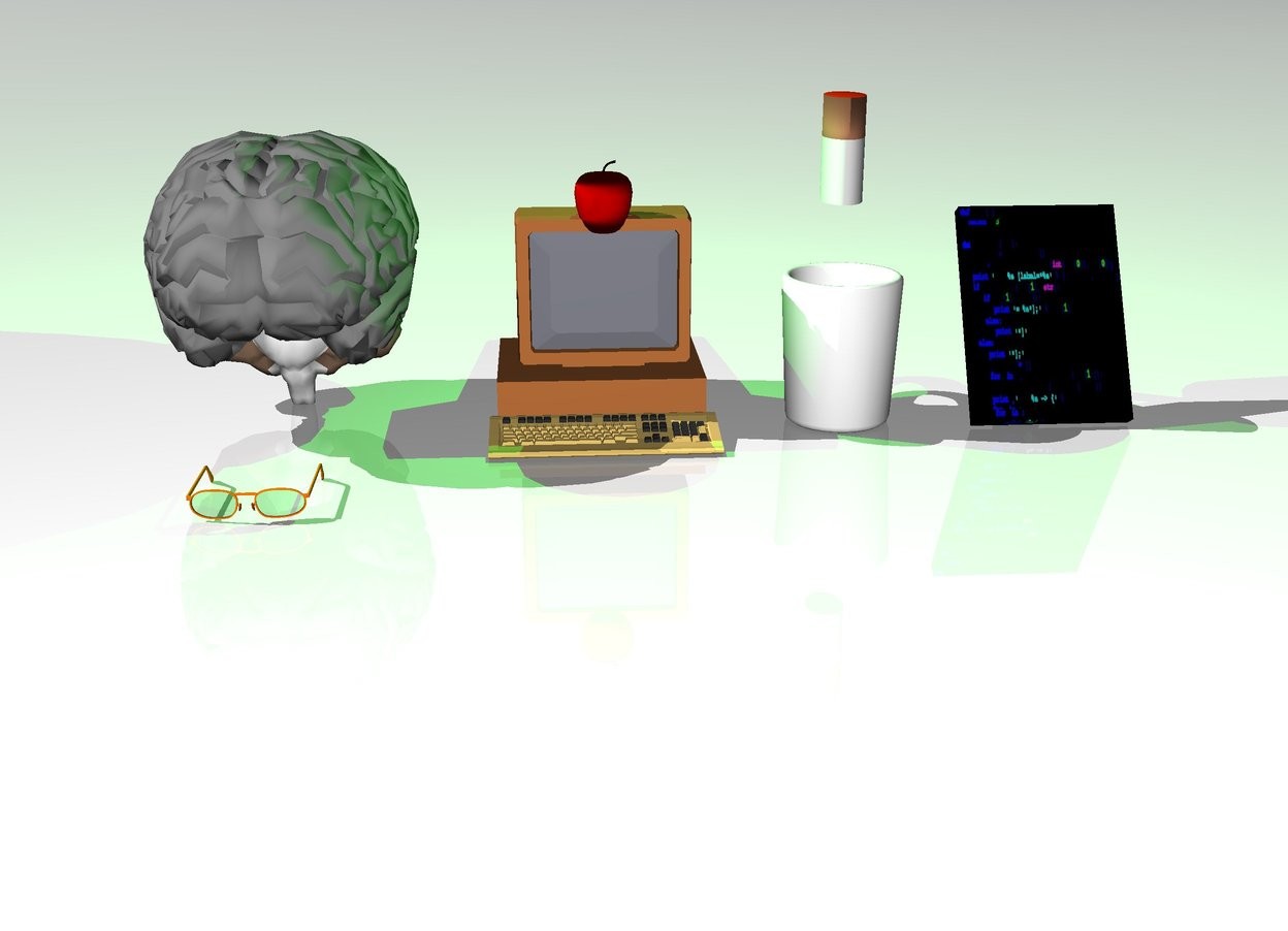 Input text: a giant computer. a white sky. a white ground. a giant apple in the screen of the computer. an enormous brain two feet away from the computer. a giant headwear in front of the brain. an enormous cup to the right of the computer. the enormous cup is two feet away from the computer. a big [program] frame to the right of the cup. a big [program] frame is two feet away from the cup. an enormous cigarette above the cup. the enormous cigarette is two feet above the cup. the enormous cigarette is facing left. green light on the cigarette. 
