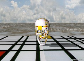 the Mondrian skull is on the carpet. The carpet is Mondrian. The sky is dark. The ground is lava
