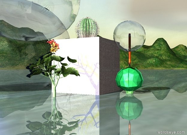 Input text: A cactus on top of a giant cube.

the cube is on top of terrain.
the cube is concrete.

there is a blue light on the right.

there is a yellow light.

there is one giant talk balloon one foot behind the cactus.

there is a giant talk balloon one foot in the ground one foot behind the cube.

there is a giant cabbage 0.5 feet in front of the cube.

there is a talk balloon one foot above the cabbage.

a giant pencil is on the cabbage.

there is a giant geranium left of the cube.
