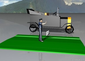  The man is on the green road. A car is there. An ogre is in the car.
.