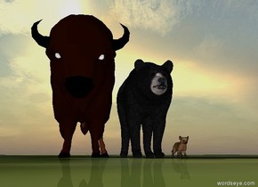 american marten and american black bear And american bison. The ground is grass. The sun is behind the bison