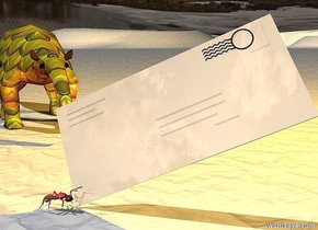 a tan shiny envelope is leaning 35 degrees to the northeast. a red shiny ant is -0.13 feet left of and -0.02 feet in front of the envelope. it is facing right. A small gold [texture] anteater is 0.4 feet behind and 0.08 feet to the left of the ant. it is facing southeast. the ground is texture. the ambient light is black. a orange light is .2 feet east of and above the anteater.