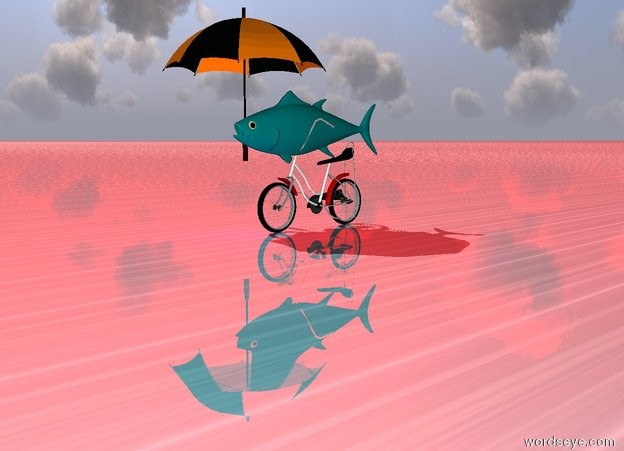 Input text: the fish is -1.5 feet above the bicycle.
the big umbrella is left of the fish.
the silver ground is water.
