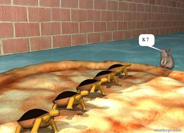 Input text: a small rat is -0.07 feet on the right of the pizza. it is facing the pizza. it is leaning back. the pizza is 3 feet wide. 5 turtles fit .075 feet in the pizza. they are .1 feet apart. they are leaning 30 degrees to the northwest. The ground is green water. a brick wall is 20 feet tall and 40 feet wide and 2 feet behind the pizza. a gray light is 3 feet above the pizza