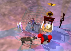 gold crocodile fits in a big bowl. the bowl is standing on a chair. The chair is 1 foot  in front of the sunflower. There is very big butterfly 1 foot above the sunflower. Large silver cage is 6 inches left of the chair. Girl fits in the cage.  The little man is facing the girl. There is a small deer in front of the cage. There is an small ape in front of the chair. the deer is facing the ape. the ape is facing the deer. It is red. There is blue light on the ape. Little cross is 2 feet right of the sunflower. the cross is facing the sunflower. There is red light on the cage


