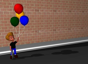 child on a long road. The child is -5 feet left of the road. the road is facing west. The child is facing south. a colt pistol is -.53 feet left of the child. it is facing down. the ambient light is dark. giant brick wall. it is 6 feet behind the child. 