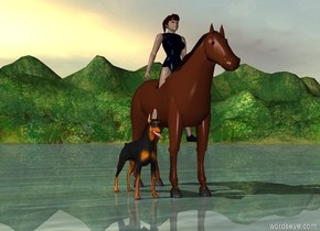 woodland.  
girl in  the horse. 
a  dog. 



