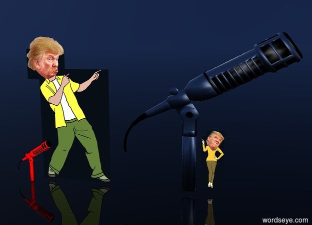 Input text: a 3 inch tall red 1st microphone.a 1st 10 inch tall trump is 0.1 inch right of the 1st microphone.the 1st microphone is facing east.a  2nd silver microphone is 1 inch right of the 1st trump.the 2nd microphone is 10 inch tall and 0.5 inch wide.a 2nd 4 inch tall trump 0.1 inch right of the 2nd microphone.the 2nd microphone is facing east.sky is ink blue.ground is clear.ambient light is gray.