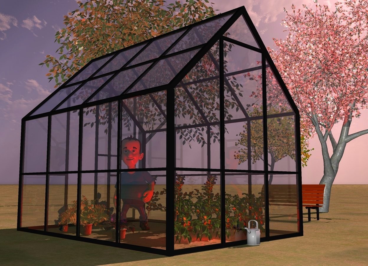 Input text: a greenhouse.a man is -6 feet in front of the greenhouse.the man is facing northeast.a first plant is 4 feet behind the man.a second plant is left of the first plant.a third plant is left of the second plant.a fourth plant is right of the first plant.a fifth plant is right of the fourth plant.a red light is in front of the first plant.a first cherry tomato is 1 feet in front of the third plant.a second cherry tomato is in front of the first cherry tomato.a third cherry tomato is in front of the second cherry tomato.a first potted plant is right of the man.a second potted plant is behind the first potted plant.a third potted plant is in front of the first potted plant.a first tree is 6 feet left of the greenhouse.a second tree is 6 feet in front of the first tree.a third tree is 10 feet left of the second tree.the ground is grass.the sun is pink.a watering can is behind the greenhouse.a park bench is -3 feet right of the first tree.the park bench is facing the greenhouse.
