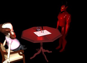 There is a table. The table is brown. On the table is a glass ball. Inside the ball is a red light. The ground is black.  There is a  paper on the table. Above the paper is a big black feather. There is a big red drop above the paper. In front of the table is devil. devil faces the table. devil is 4 feet tall. There is a chair facing the table. The chair is north of the table.  The chair is 2 feet tall. on the chair is a man. the man is 2 feet tall. There is a red light above the table.