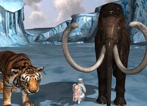 There is a white sloth. The sloth faces up. There is a very big baby behind the sloth. The baby is 1 feet above the ground. The baby is 0.1 inches away from the sloth. The baby faces  north. On the right side of the sloth is a very big  tiger. The tiger faces northwest. On the left side of the sloth is a Mammoth. The mammoth faces north. The sloth is 3 feet tall. The tiger is 7 feet tall. The mammoth is 13 feet tall.