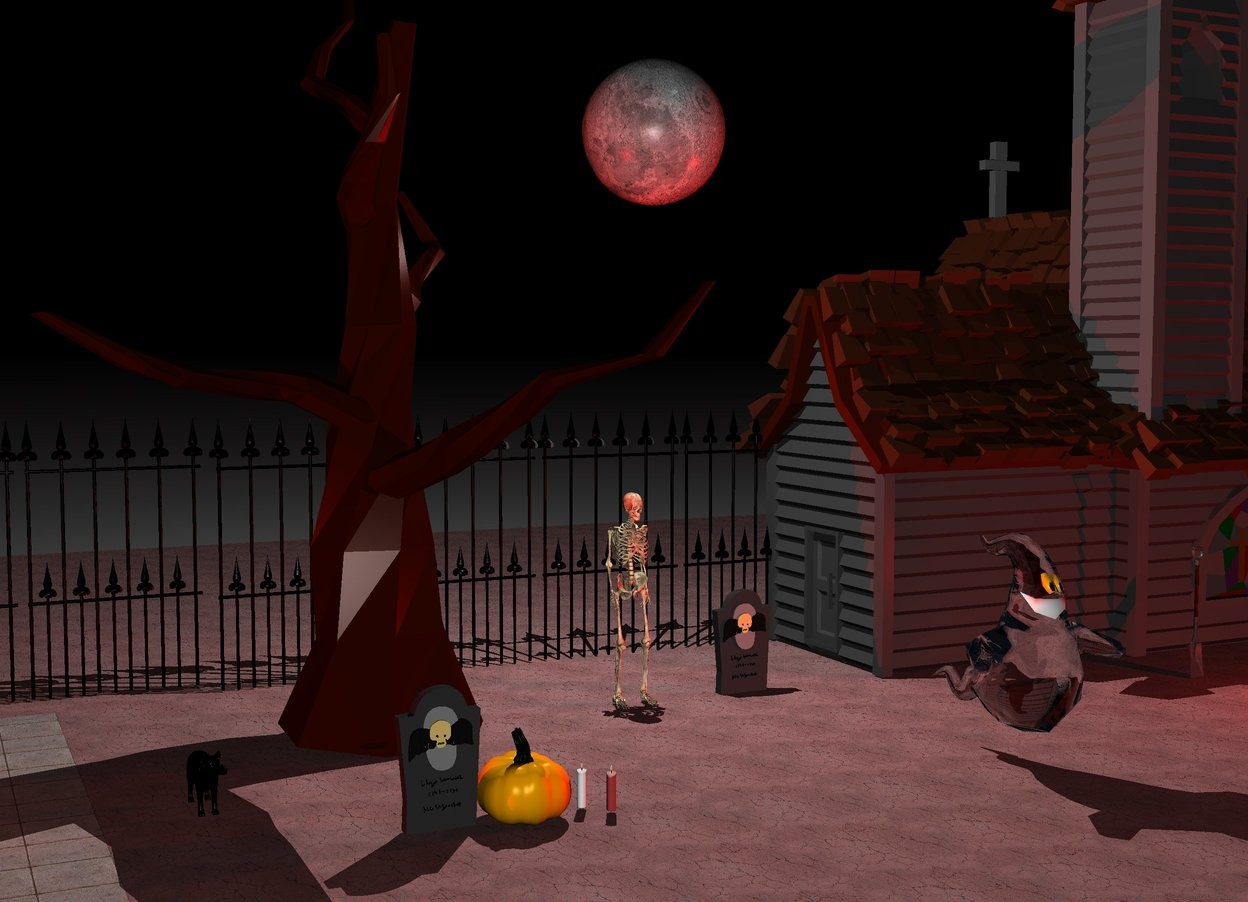 Input text: The gravestone is on the dirt floor.
The dirt floor is dark brown.
The dirt floor is giant.
It is night.
The giant moon is 8 feet above the skeleton.
The moon is close to the gravestone.
The skeleton is 2 feet left of the gravestone.  There is a white light behind the moon. There is a very long black fence 5 feet behind the skeleton. There is a very long black fence next to the black fence. On the left of the skeleton is a dead plant. The gravestone is 7 feet in front of the fence. 1 feet in front of the plant is a tombstone. The big orange pumpkin is on the right of the tombstone. 18 feet on the right of the fence is a dark church. The ghost is on the left of and 3 feet in front of the church. The path is 18 feet to the left of and 1 foot under the ghost. The red light is 10 feet to the right of the ghost. The shovel is 3 feet in front of and 16 feet on the right of the skeleton. The ghost is 1 foot above the floor. The big black cat is 3 feet left of and 2 feet behind the tombstone. The bright red light is 7 feet to the left of the cat. The large white candle is a few inches on the right of the pumpkin. The large red candle is a few inches on the right of and a few inches in front of the white candle.
