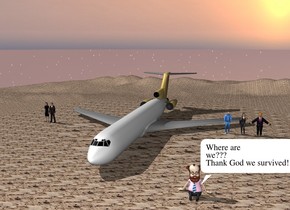 there is a plane on the ground. To the left of the plane is a big man. Next  to the man is a woman. The woman is 12 feet high. To the right of the plane is a second big man. 1 feet to the left of the man is a second big woman. The ground is sand. 1 feet in front of the plane is a third big man. To the right of the man  is a fourth big man. The fourth big man is 4 feet away from the second woman. 