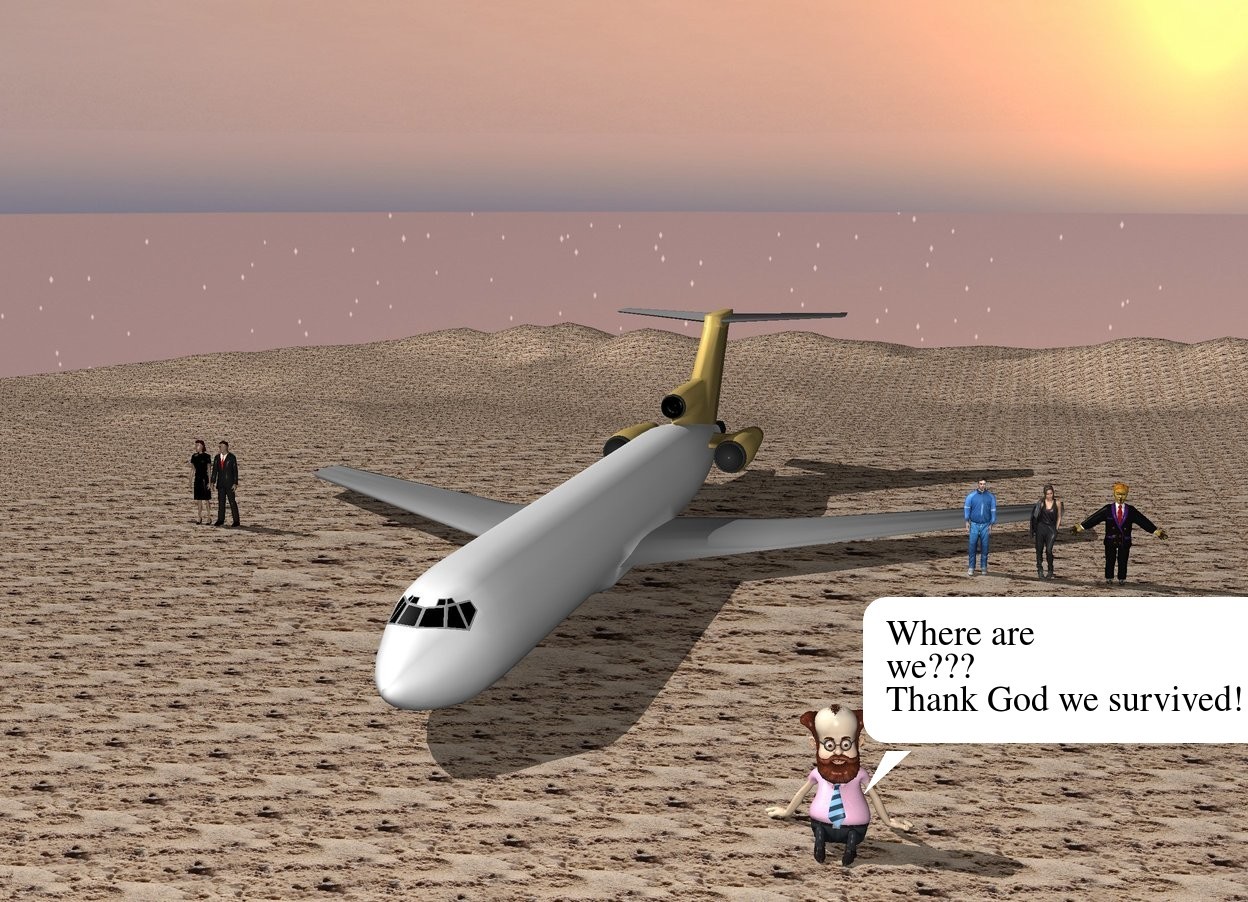 Input text: there is a plane on the ground. To the left of the plane is a big man. Next  to the man is a woman. The woman is 12 feet high. To the right of the plane is a second big man. 1 feet to the left of the man is a second big woman. The ground is sand. 1 feet in front of the plane is a third big man. To the right of the man  is a fourth big man. The fourth big man is 4 feet away from the second woman. 