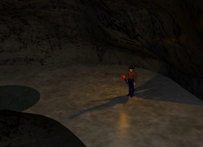 a giant gray cave. the ground is unreflective.  an unreflective man is -15 feet north of the cave. the cave is dark. a torch is -.56 feet west of the man. the torch is -.9 feet south of the man. the torch is leaning 35 degrees to the south. the torch is 2 foot off the ground. it is midnight. it is very dark. a dim red light -6 inches above the torch. a dim yellow light is -5 inches above the torch. a dim orange light is -7 inches above the torch. a small dark water pond is 9 feet southwest of the man.