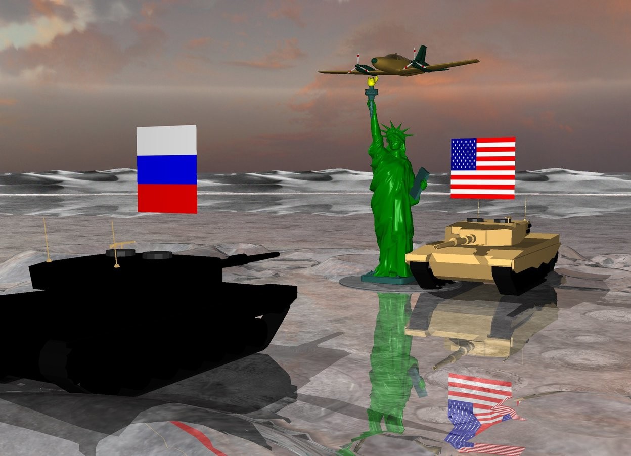 Input text: There is the big statue of liberty. The statue is green.  In front of the statue is an enormous tank. The tank faces the statue. The tank is 100 feet away from the statue. The tank is black. The statue is on an island.  There is a  22 feet wide and 25 feet tall russian flag above the tank. On the right side of the statue of liberty is a second  enormous tank. Above the second tank is a usa flag. The usa flag is 30 feet wide and 28 feet tall. Above the statue of liberty is a very big plane.   The ground is red and shiny. 