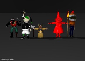 3 foot tall black pirate.
4 foot tall red witch.
3 foot tall man.
2 foot tall dwarf.
4 foot tall elf.

elf is right of pirate.
dwarf is right of elf.
witch is right of dwarf.
man is right of witch.

pirate is facing front.
witch is facing front.
dwarf is facing front.

man is facing front.

hat is -1 foot above man.
elf is green.

Sky is black.
ground is dark.

axe is 2 feet from witch.
axe is 2 feet tall.

staff is 0.1 feet from man.
staff is 3 foot tall.
fire is above staff.