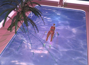 The shiny pool is pink. The water of the pool is water. There is a reflective man. The man leans 90 degrees to the back. The man is 23 inches in the pool. The giant purple light is above the man. It is night. Another giant purple light is 1 inch above the man. A very small bright green reflective date palm tree is 1 inch to the left of the man. A giant teal light is behind the man. A pink light is in front of the man. Another pink light is to the right of the date palm tree. Another purple light is above the date palm tree. The ground is purple water. The sun is lavender.