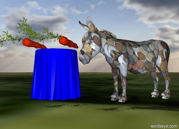 Input text: a [currency] donkey.a blue table is 3 inch left of the donkey.the donkey is facing southwest.two carrots are   above the table.the carrots are 20 inch tall.ground is grass.