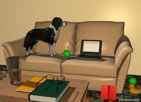 a tan sofa. a 10 foot high 20 foot long pale lemon wall is behind the sofa. the sofa is .1 inch over a 20 foot wide floor. the floor is in front of the wall.

a laptop is on the sofa. it is -2 foot to the right of the sofa. 

a small dog is .5 foot to the left of the laptop. the dog is facing the laptop.

a small table is 1 foot in front of the sofa. a 1st book is on the table. the book is leaning 90 degrees to the back. a 2nd book is -1 inch over the 1st book. it is -8 inch in front of the 1st book.  it is -3 inches to the right of the 1st book. it is leaning 90 degrees to the front. 

a 3rd book is on the floor. the book is small. it is in front of the sofa. it is 3 inches to the right of the table. it is facing the back. it is leaning 20 degrees to the front.

a glass is 1 inch to the left of the 1st book. a headwear is on the second book. the headwear is facing back.

a 1st tennis ball is on the sofa. it is -2 inches to the right of the dog. a 2nd tennis ball is next to the sofa on the right. a small toy is 6 inches in front of the 2nd tennis ball. the toy is facing left.

the camera light is tan.




