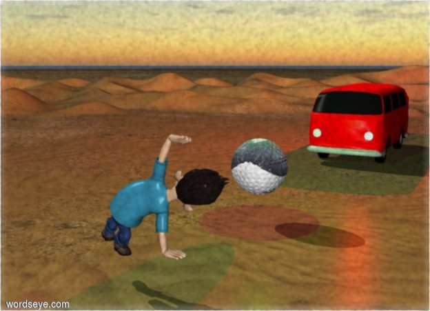Input text: The big car is red. There is a desert. The car is on the desert.
A cloudly blue sky. The [blatt] 
ball is two meters tall.A man.
The man is facing the ball. The man is three meters tall. the man is facing the ball. the man is five meters in front of the ball.
the car is ten meters behind the ball. The ball is one meter over the ground. A red light is two meters above the car.A bright green light is one meter over the ball.