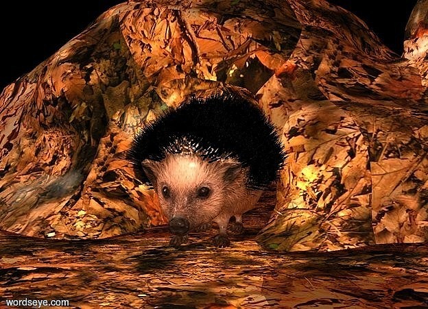 Input text: a [leaf] cave.the ground is [leaf].a hedgehog is 12 inch above the ground.the hedgehog is in front of the cave.the hedgehog is 45 inch tall.the hedgehog is -290 inch left of the cave.ambient light is old gold.a gold light is behind the hedgehog.sky is invisible.
