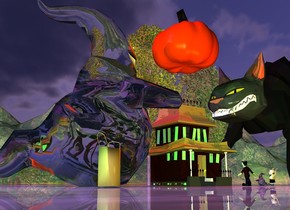 the huge pumpkin is 2 feet above the tiny house. the large ghost is 1 foot to the left of the house. it is facing the house. the 4 tiny trees are behind the house. the ground is shiny. the very huge cat is 1 foot to the right of the house. it is facing the house. the bag is in front of the ghost. it is dusk. the sun is mauve. a blue light is 3 feet above  the ghost. a red light is 3 feet to the right of the blue light. a gold light is 4 feet in front of the house. a green light is 3 feet in front of the ghost. it is 3 feet above the ground. it is to the left of the ghost. the bag is facing southeast. the very tiny monster is 2 feet in front of the house. it is facing the house. a second very tiny ghost is 6 inches in front of the monster. it is facing the house. the tiny elf is in front of the second ghost. it is facing the house.