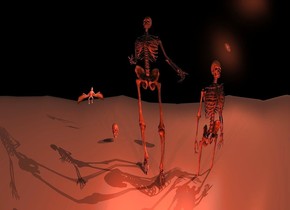 1st black shiny skull is 2 feet above the ground. 1st skeleton is 3 feet behind the skull. it is on the ground. the sky is invisible. 2nd skeleton is 1 feet left of the 1st skeleton. it is -2 feet above the ground. 3 rust lights are 6 inches to the front of the 1st skeleton. the camera light is black. the sun is dim copper. the ground is snow. 2nd skull is 1 feet behind and 1.8 feet right of the 1st skeleton. it leans back. a very large white bat is 2 feet behind and 4.4 feet right of the 1st skeleton. it is 2 feet above the ground. it faces southwest. it leans to the front. the wing of the bat is gold. a moon is 4 feet above and 5 feet left of and 4 feet behind the 2nd skeleton. a   copper light is 5 inches to the back of  and -3 inches to the left of the moon.