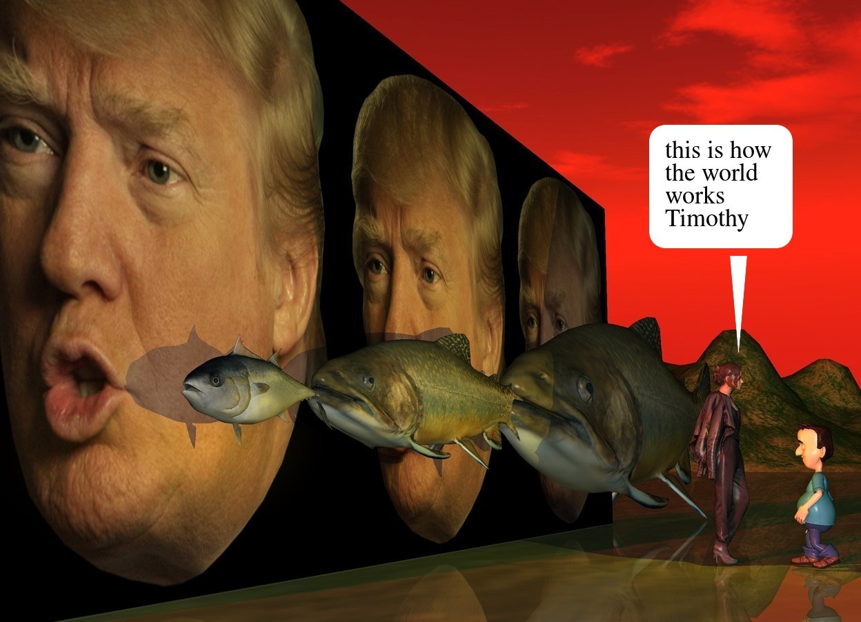 Input text: the [trump] wall. the first fish is in front of and -6 feet to the left of the wall. it is facing left. it is 19 inches above the ground. a second very huge fish is -6 inches to the right of the first fish. it is 16 inches above the ground. it is facing left. the third very enormous fish is -17 inches to the right of the second fish. it is on the ground. it is facing left. it is dusk. the sun is red. the gold light is 3 feet in front of the second fish. the small woman is 4 feet in front of the wall. the boy is 6 inches in front of the woman. he is 2 feet tall. he is facing the woman. 