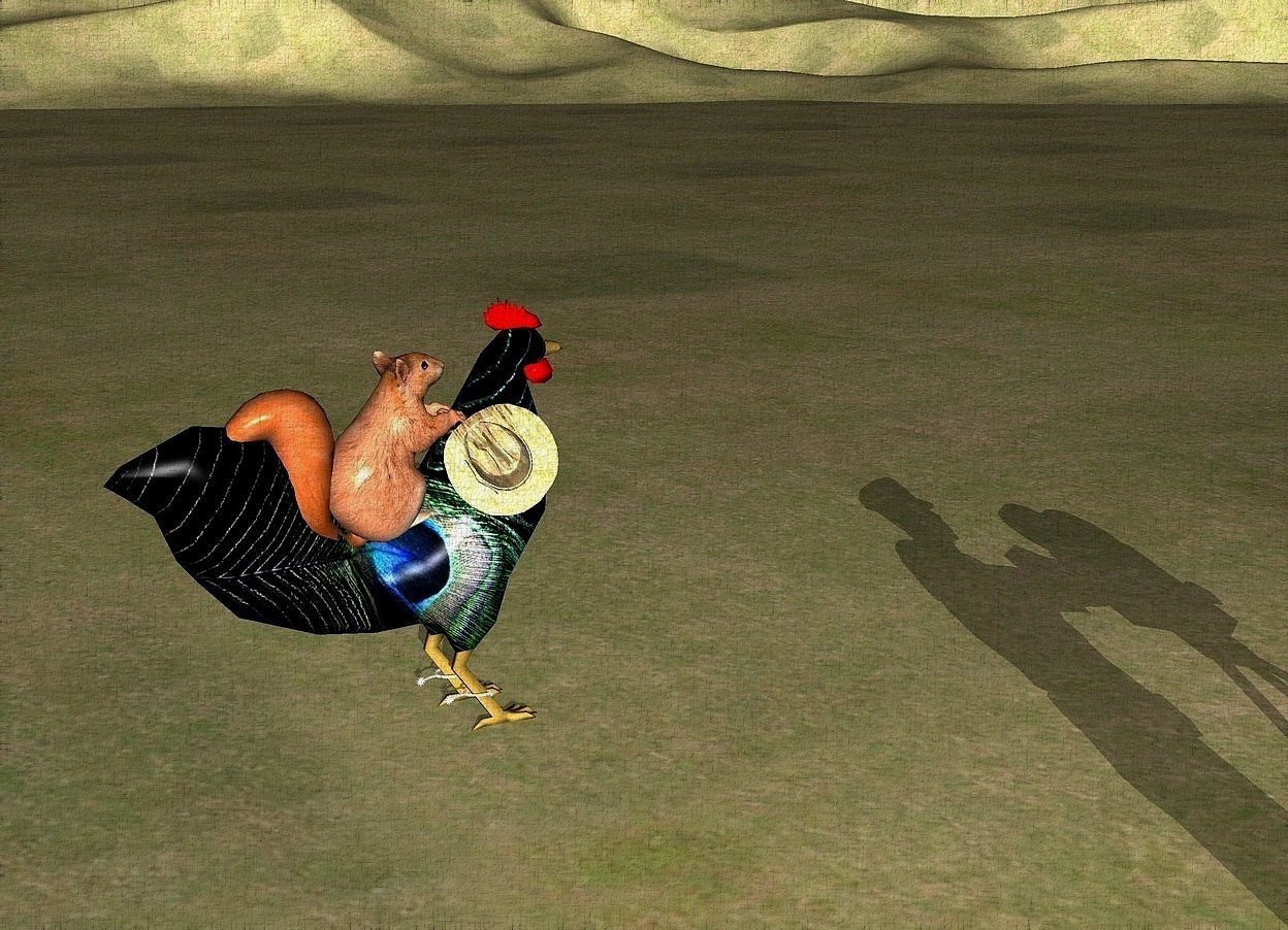Input text: a large [peacock] chicken. 1st small  boot spur is -3 feet behind and -0.47 feet to the left of and -3.43 feet above the chicken. it faces right. 2nd small boot spur is -3 feet behind and -0.5 feet to the right of and -3.45 feet above the chicken. it faces right. a large squirrel is -2.2 feet above the chicken. it leans back. a small [straw] cowboy hat is -1.8 feet above and -0.32 feet to the left of and -0.87 feet to the front of the squirrel. it faces right. it leans 58 degrees to the northwest. the ground is dirt. a very large camera is 7 feet left of and 1 feet  in front of the chicken. it faces the chicken. the sun's azimuth is 295 degrees. the sun's altitude is 19 degrees. a man is behind and 1 feet left of the camera.