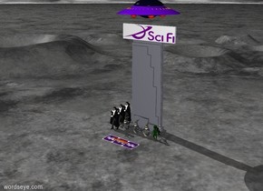 A [Sci] wall is 5 feet tall.
It stands on top of a skyscraper which is 30 feet tall.
3 ghosts are in front of the building. A ufo is 7 feet above the skyscraper. A [siffy] rug is 5 feet in front of the ghosts. 12 flames are on top of the [siffy] rug. The [siffy] rug is 12 feet long. 3 vampires stand to the left of the ghosts. 3 aliens stand to the right of the ghosts.