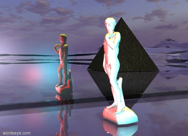 Input text: The extremely very wide shiny black mirror is on the glass sand mountain range.
The very tiny white statue is one foot to the right of the mirror.
the huge dark gray sand pyramid is 5 feet behind and 7 feet to the right of the statue. the pyramid is facing left.
The mirror is facing right.
The yellow light is 1 foot above the statue.
A cyan light is a foot right of the statue.
A red light is in front of the statue.