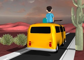There is a car. On the car is a man. In front of the man is a big guitar.  The car is on a 1000 feet long  road. 3 feet to the right of the car is a bush.  There is a second bush 3 feet away from the first bush. To the left of the car is a big cactus. The cactus is 2 feet away from the car. The ground is brown. The light is 6 feet behind the boy 