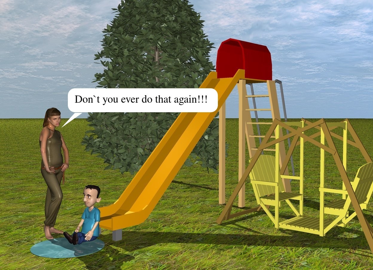 Input text: There is a very big slide. There is a child in front of the slide. In front of the slide is a big puddle. The child is on the puddle. On the right side of the slide is  a big swing. The swing is 2 feet away from the slide. Next to the child is a big woman. The woman faces the child. The woman is 1 feet away from the child. The ground is grass. 18 Feet behind the woman is a tree. The tree is 5 feet to the left.